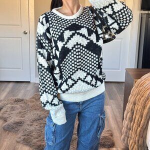 Vintage Koman Geometric Grandpa Sweater 90s Knit Y2K Retro Black White Large